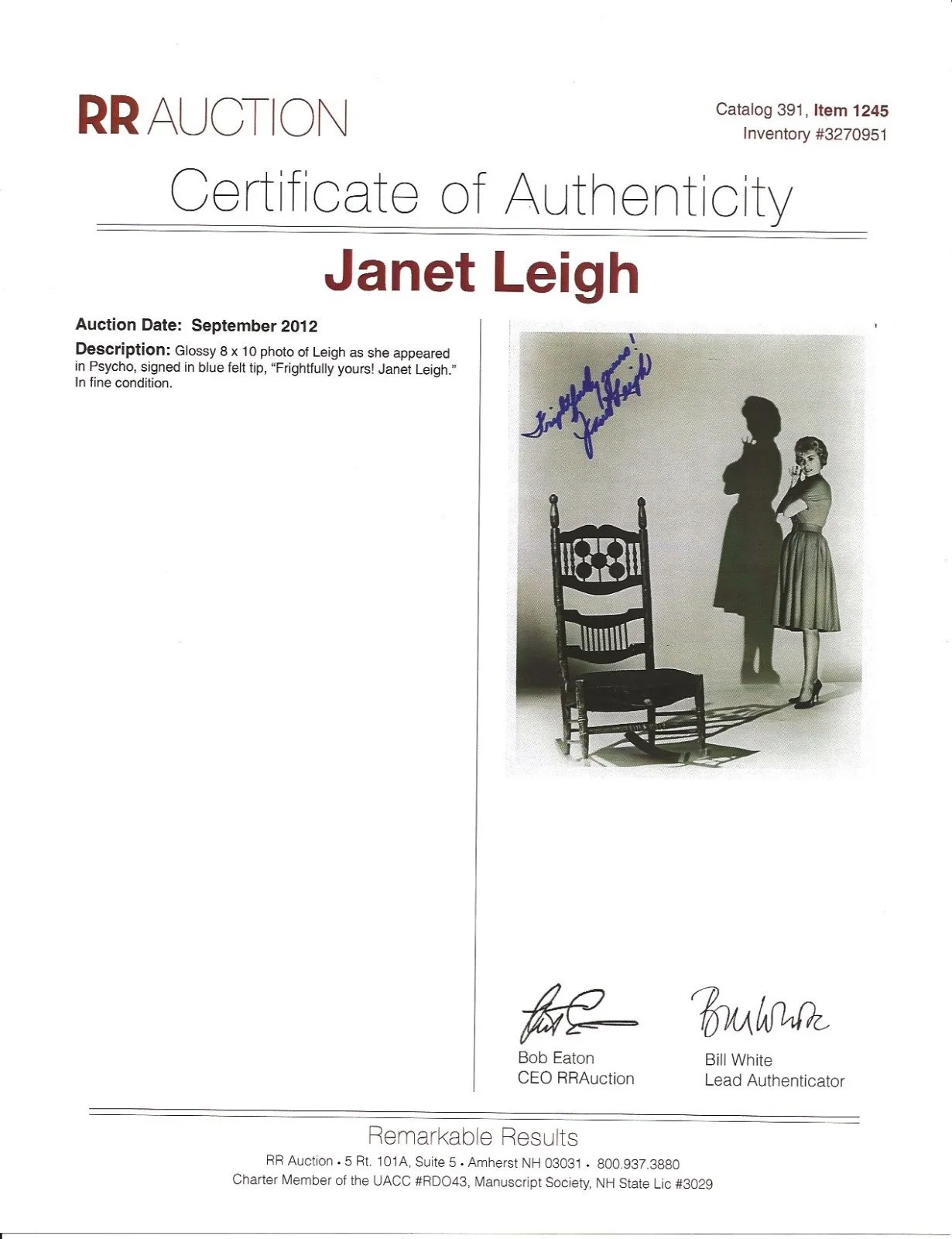 Janet Leigh — Janet Leigh Psycho Signed Photo Autograph w/COA - Alfred Hitchcock, Scream Queen, image 2