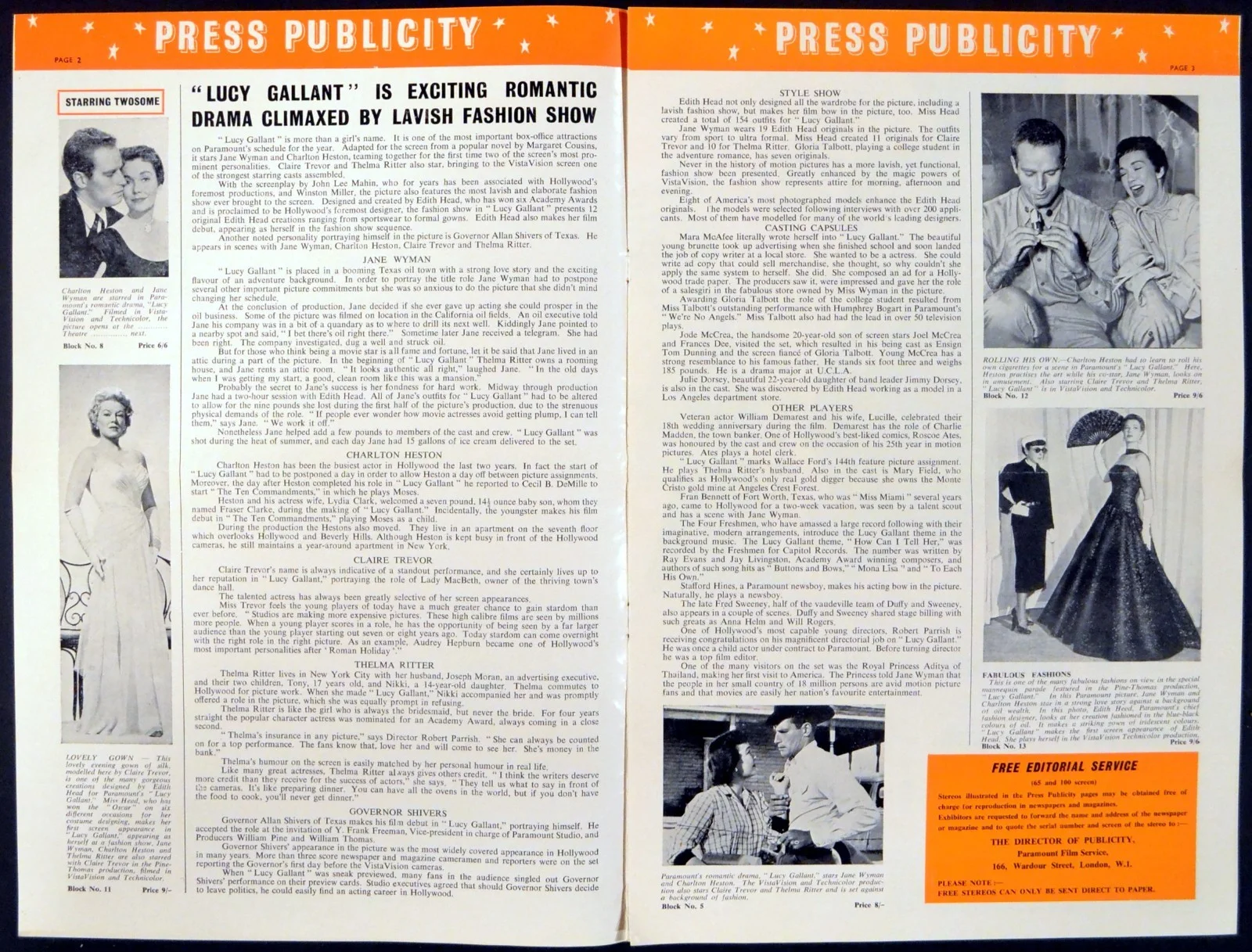 LUCY GALLANT 1955 Jane Wyman, Charlton Heston, Claire Trevor UK PRESSBOOK, изображение 3