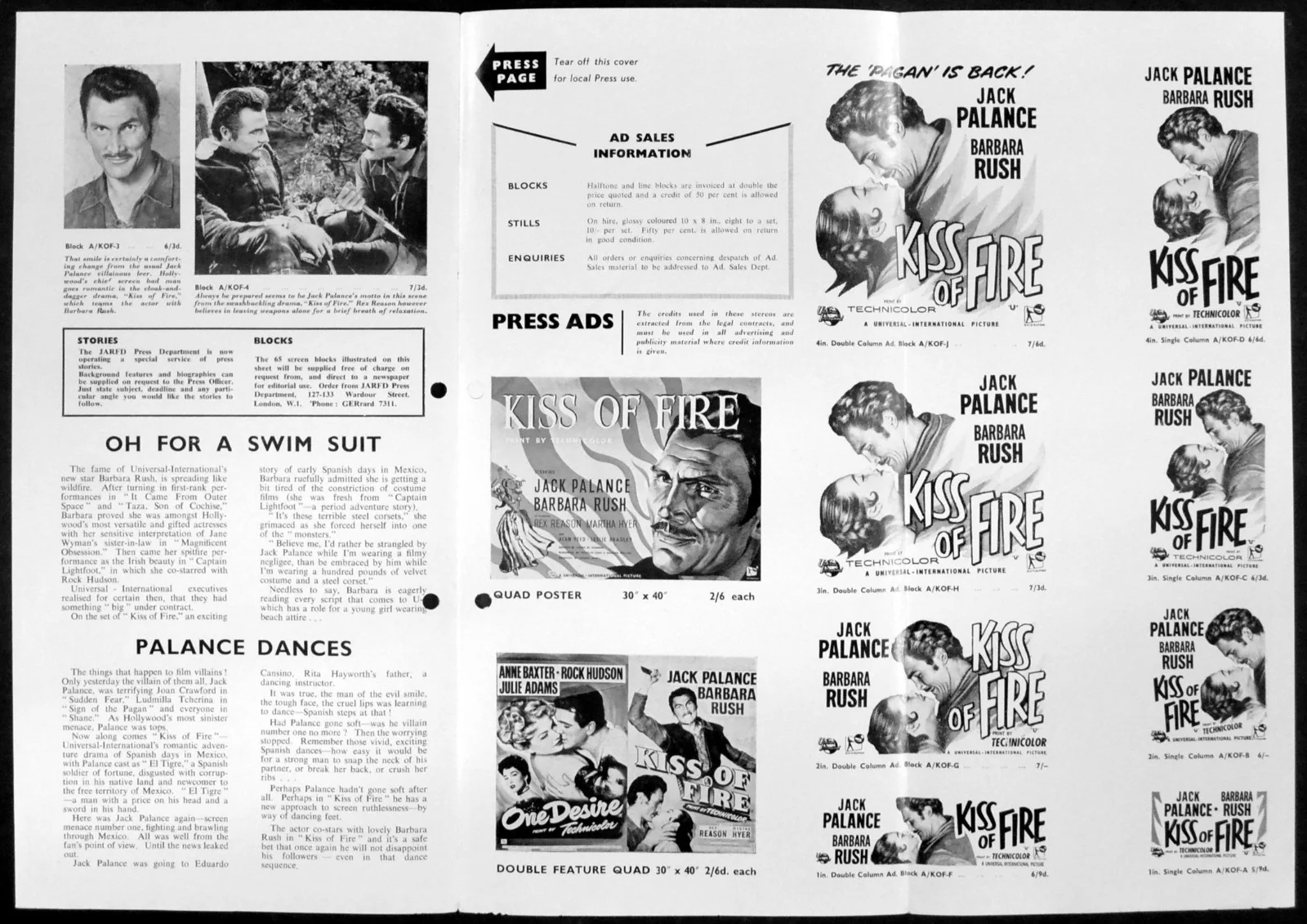 KISS OF FIRE 1955 Jack Palance, Barbara Rush, Rex Reason UK CAMPAIGN BOOK, image 2