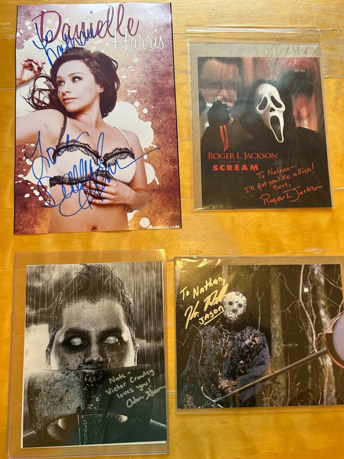 Roger L. Jackson, Robert England, Tony Todd, Derek Mears — horror icon autograph bundle- Jason/candyman/pinhead/Freddy/Ghostface