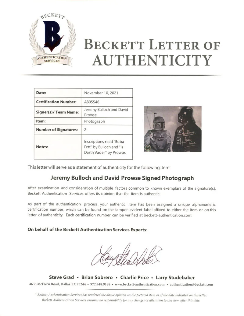 JEREMY BULLOCH DAVID PROWSE SIGNED 8x10 PHOTO DARTH VADER STAR WARS OPX BECKETT, изображение 2