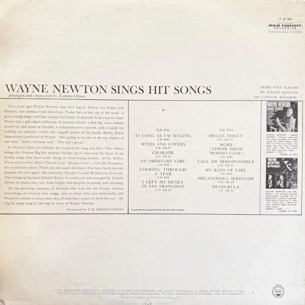 WAYNE NEWTON HAND SIGNED LP ALBUM "SINGS HIT SONGS", изображение 2