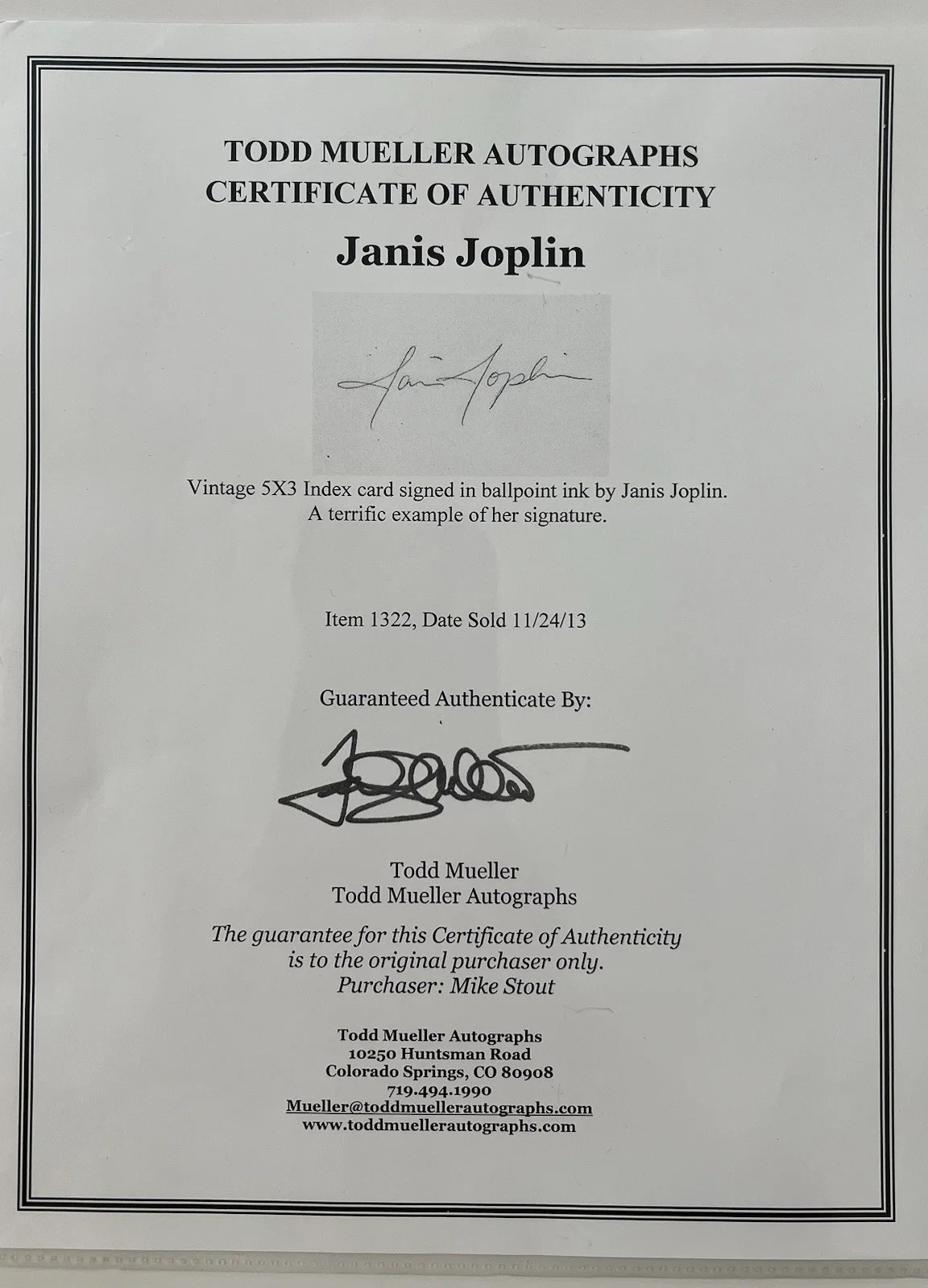 Janis Joplin Signed Autograph Card With Photo Todd Mueller COA Autograph Genuine, image 3