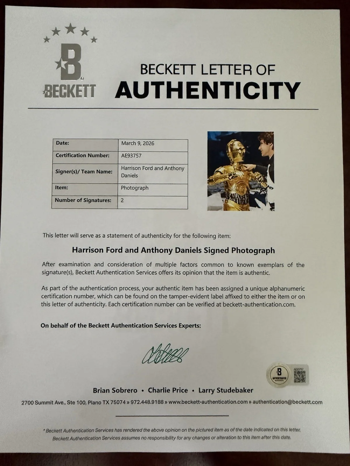 HARRISON FORD & ANTHONY DANIELS HAND SIGNED STAR WARS AUTOGRAPH BECKETT BAS LOA, image 3