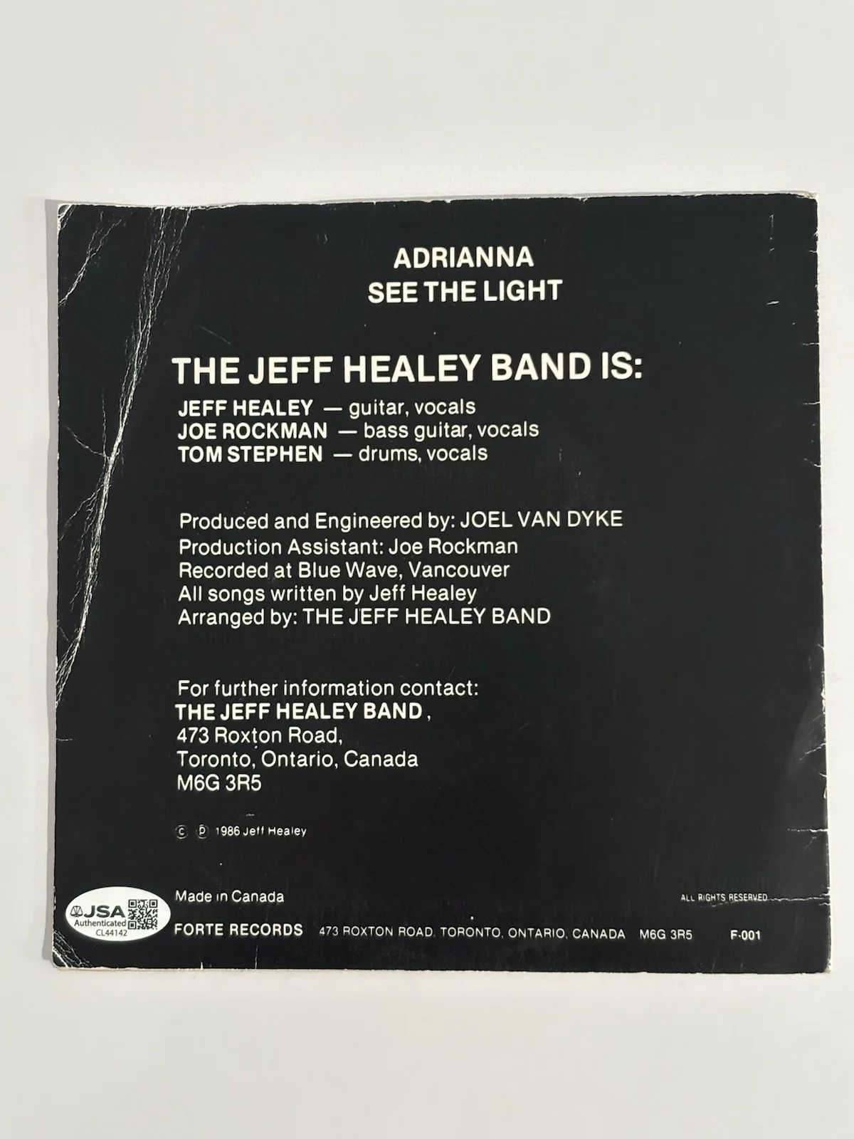 The Jeff Healey Band Adrianna/See The Light 7" Vinyl Signed Autographed JSA COA, изображение 5