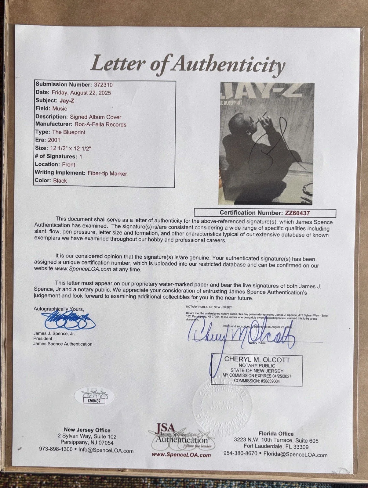 Autographed Jay Z Blueprint Vinyl Cover 18x37 Frame JSA Certified, изображение 3
