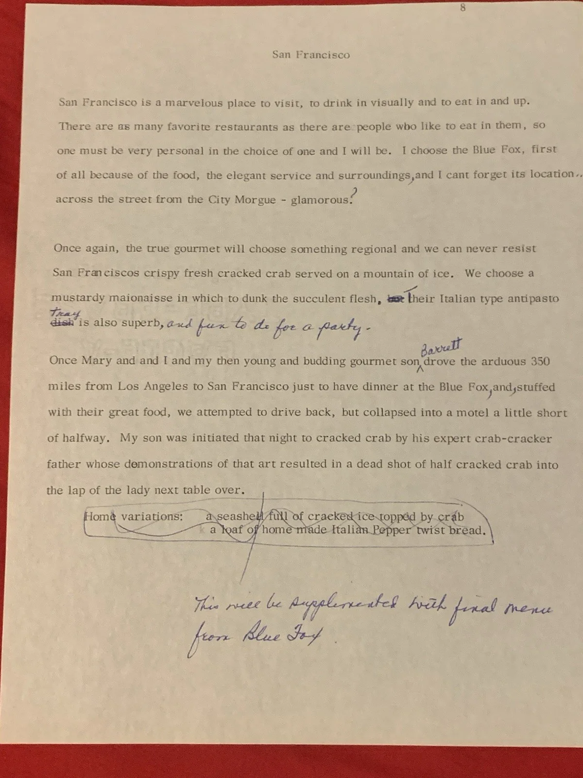 Vincent Price — Vincent Price Estate Annotated Page From “A Treasury Of Great Recipes!” 22f