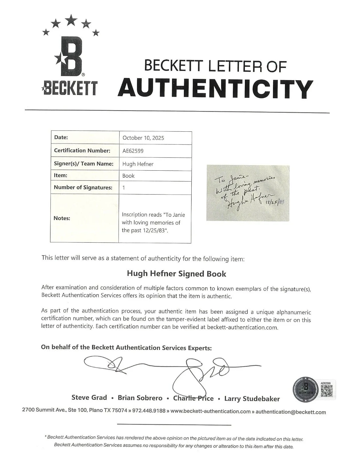 Hugh Hefner — Hugh Hefner Autograph | The Art of Playboy | 1 of 1 | Unique, Rare, Beckett LOA, изображение 2