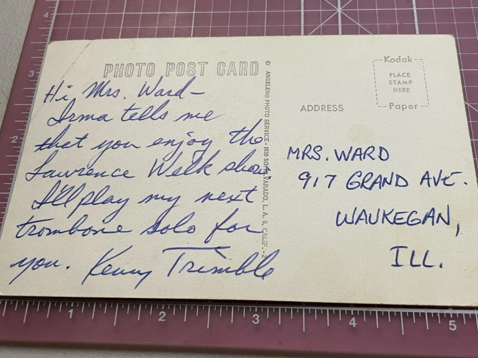 Kenny Trimble Signed Lawrence Welk RPPC | Autograph Trombone Solo Note Waukegan, image 2