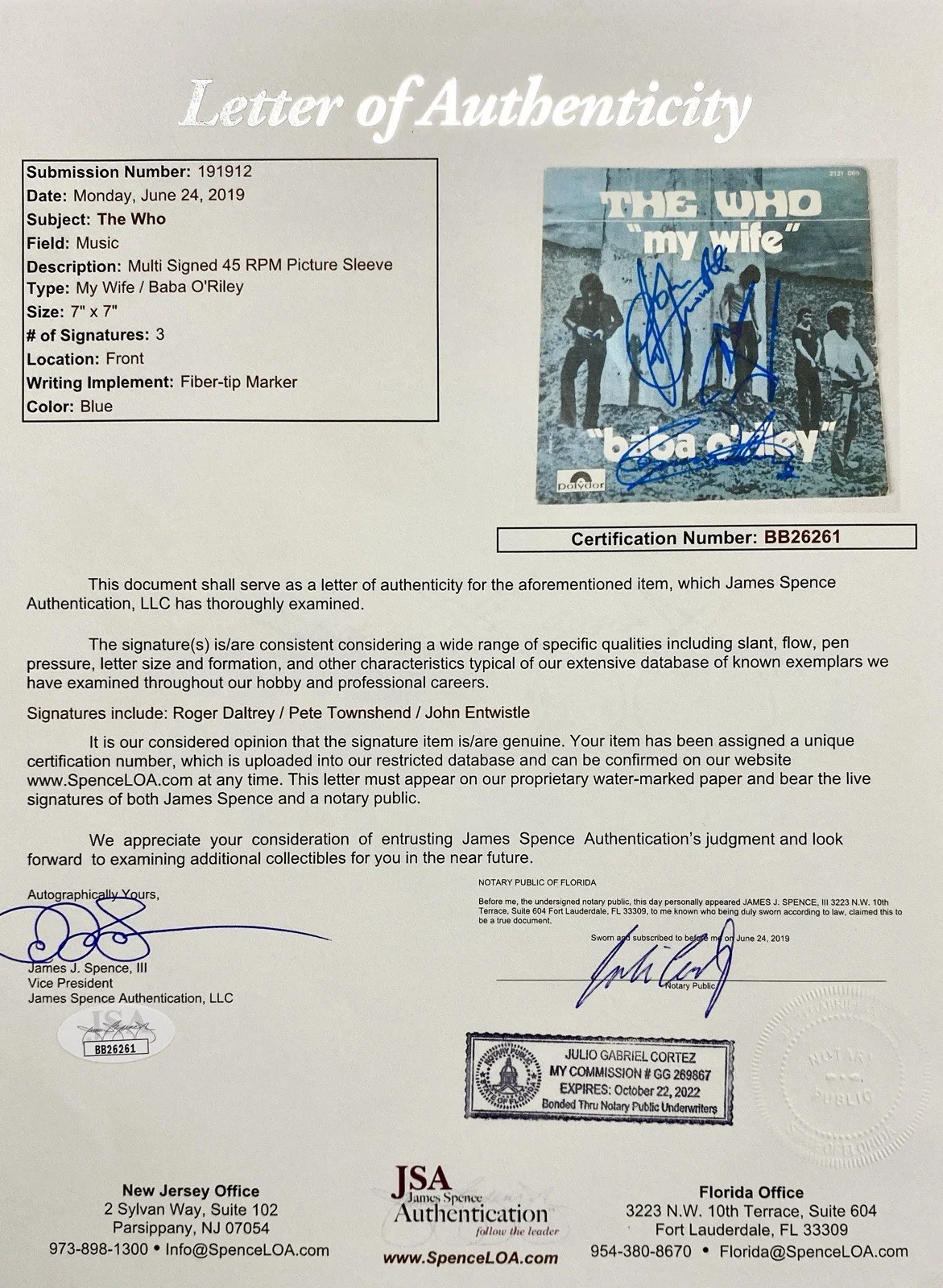 The Who Signed “My Wife / Baba O’Riley” 7” Picture Sleeve Beckett + JSA, изображение 5