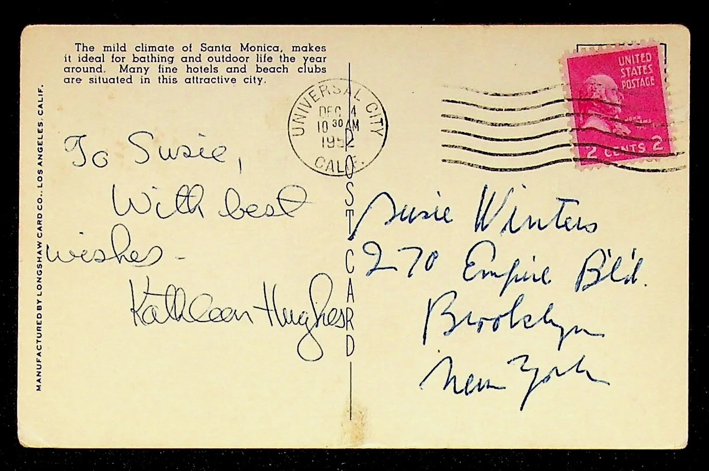 Kathleen Hughes — Kathleen Hughes Signed Postcard 1952 Autograph Actress Susan Winters, image 2