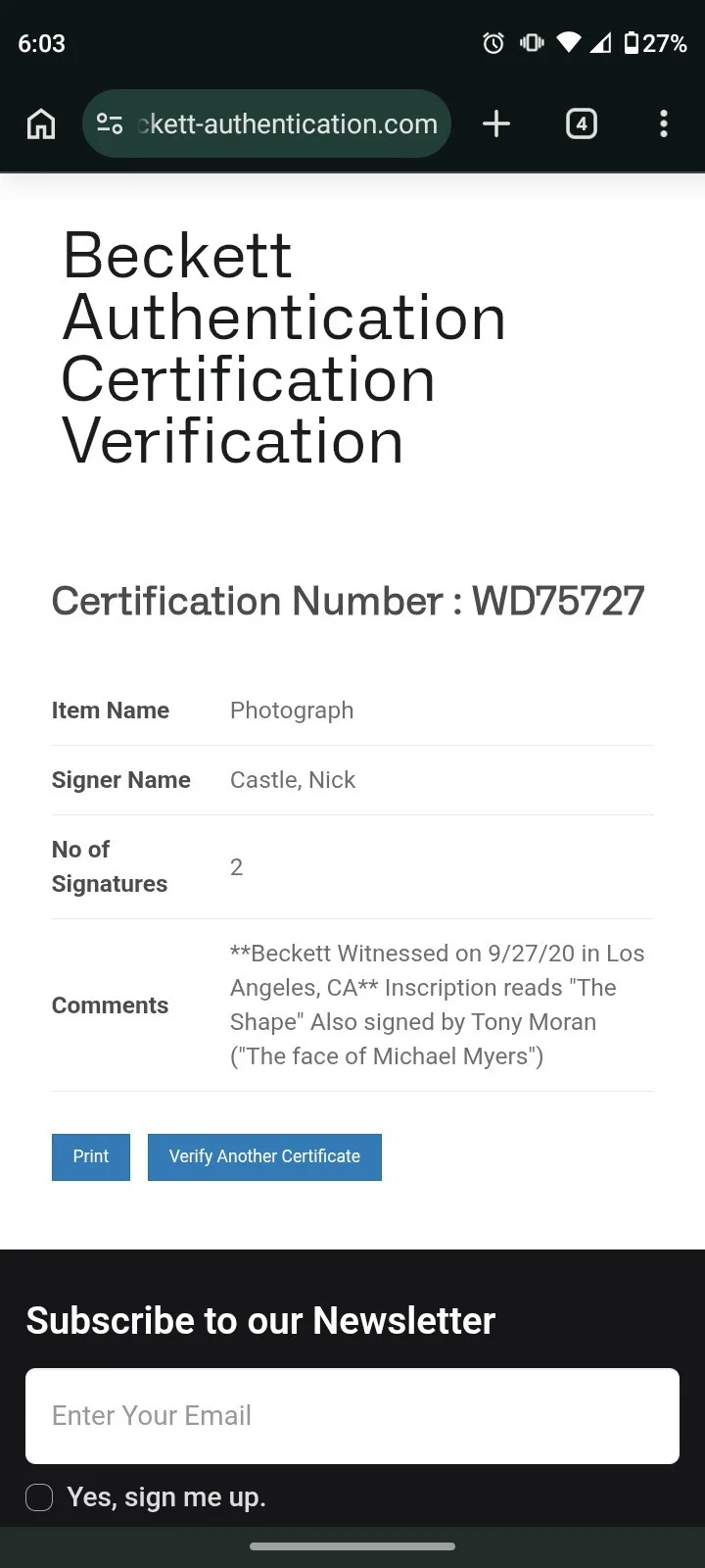 Nick Castle Tony Moran — NICK CASTLE & TONY MORAN HALLOWEEN SIGNED 11X17 BAS Beckett, image 2