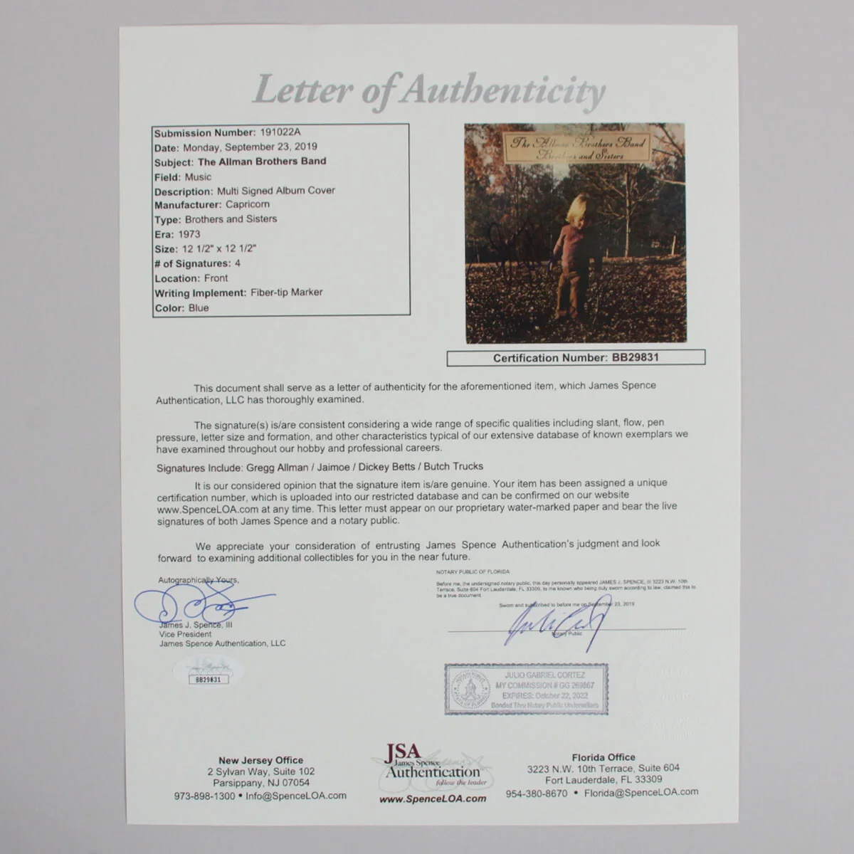 The Allman Brothers Band Signed Record Album - COA JSA, изображение 5
