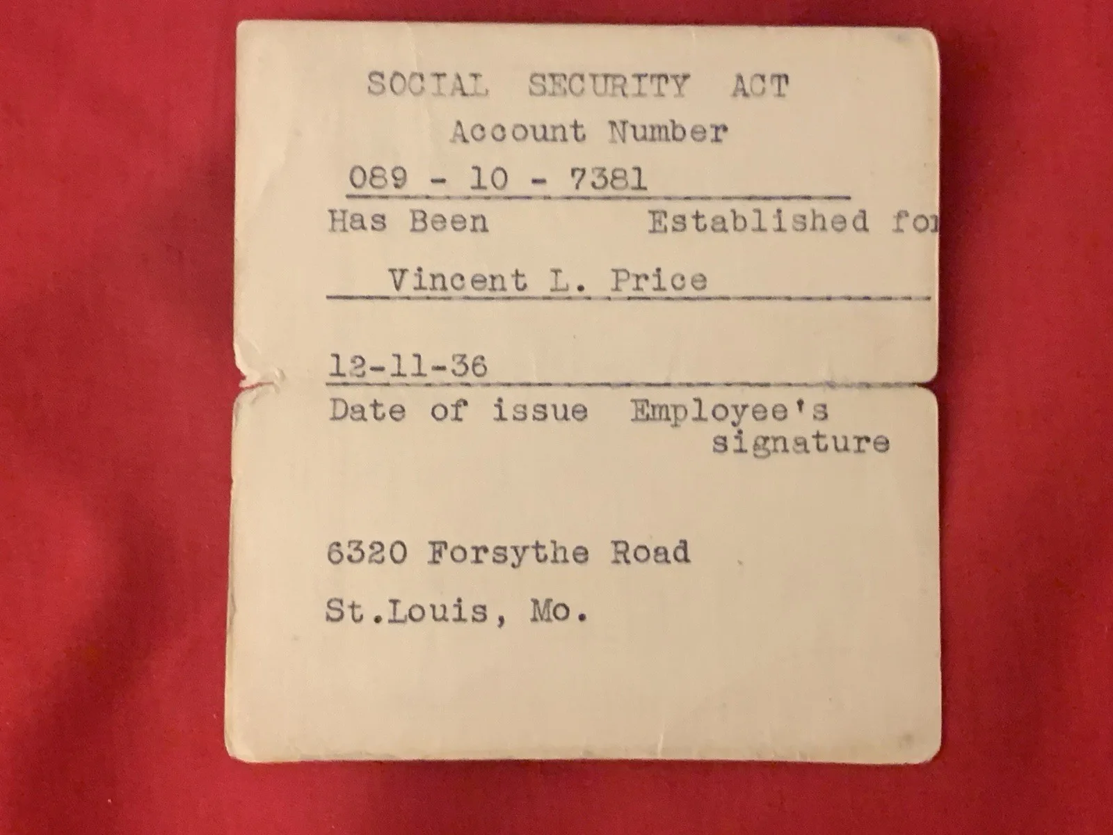 Vincent Price — Vincent Price Estate 1st Social Security Card Of Vincent Price W/Handwriting 20k