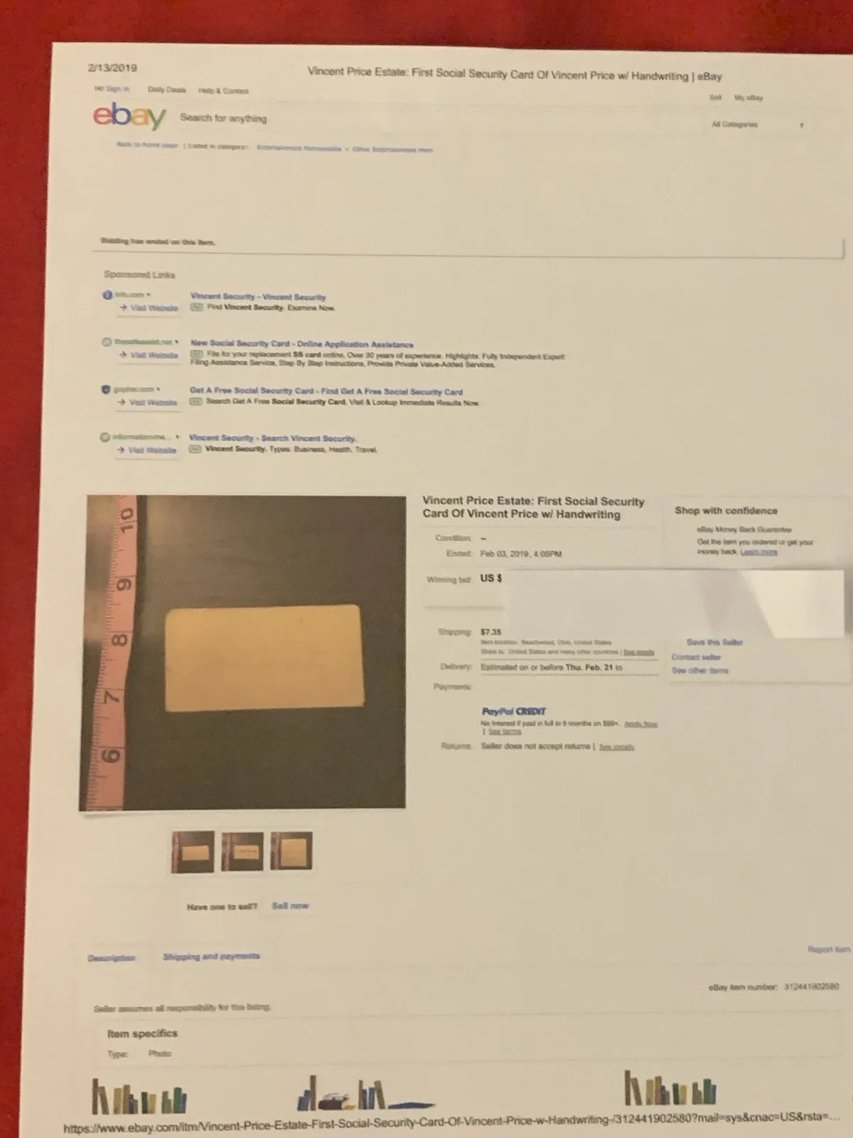 Vincent Price — Vincent Price Estate 1st Social Security Card Of Vincent Price W/Handwriting 20k, изображение 5