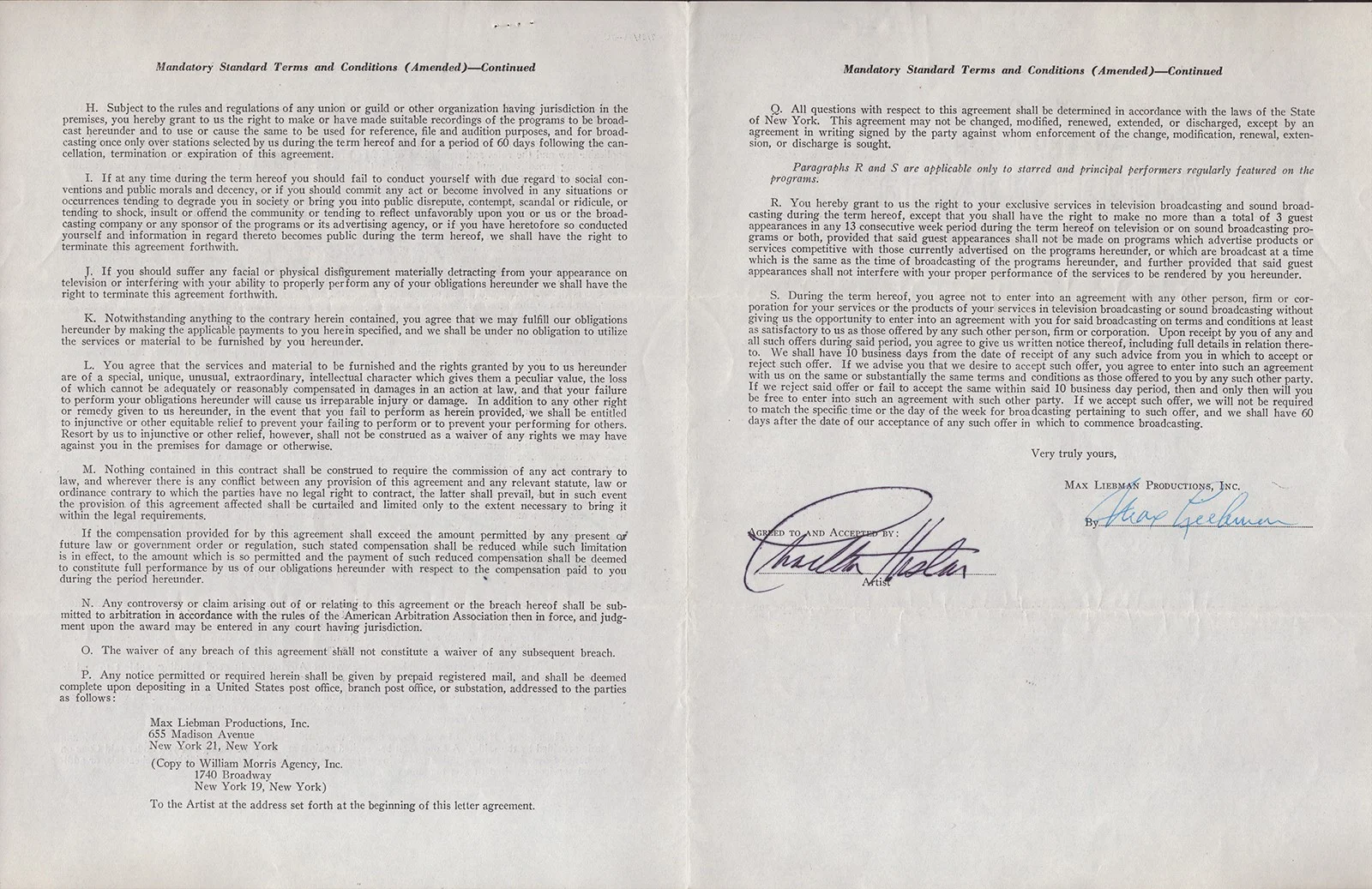 Charlton Heston, Max Liebman — CHARLTON HESTON - CONTRACT SIGNED 09/29/1951 CO-SIGNED BY: MAX LIEBMAN