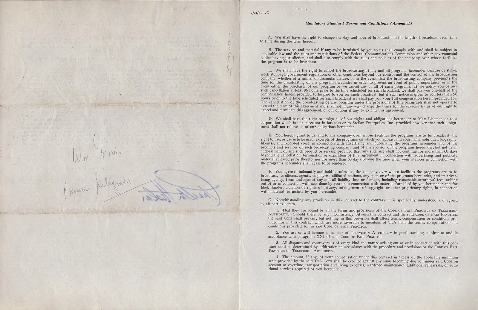 Charlton Heston, Max Liebman — CHARLTON HESTON - CONTRACT SIGNED 09/29/1951 CO-SIGNED BY: MAX LIEBMAN, image 3