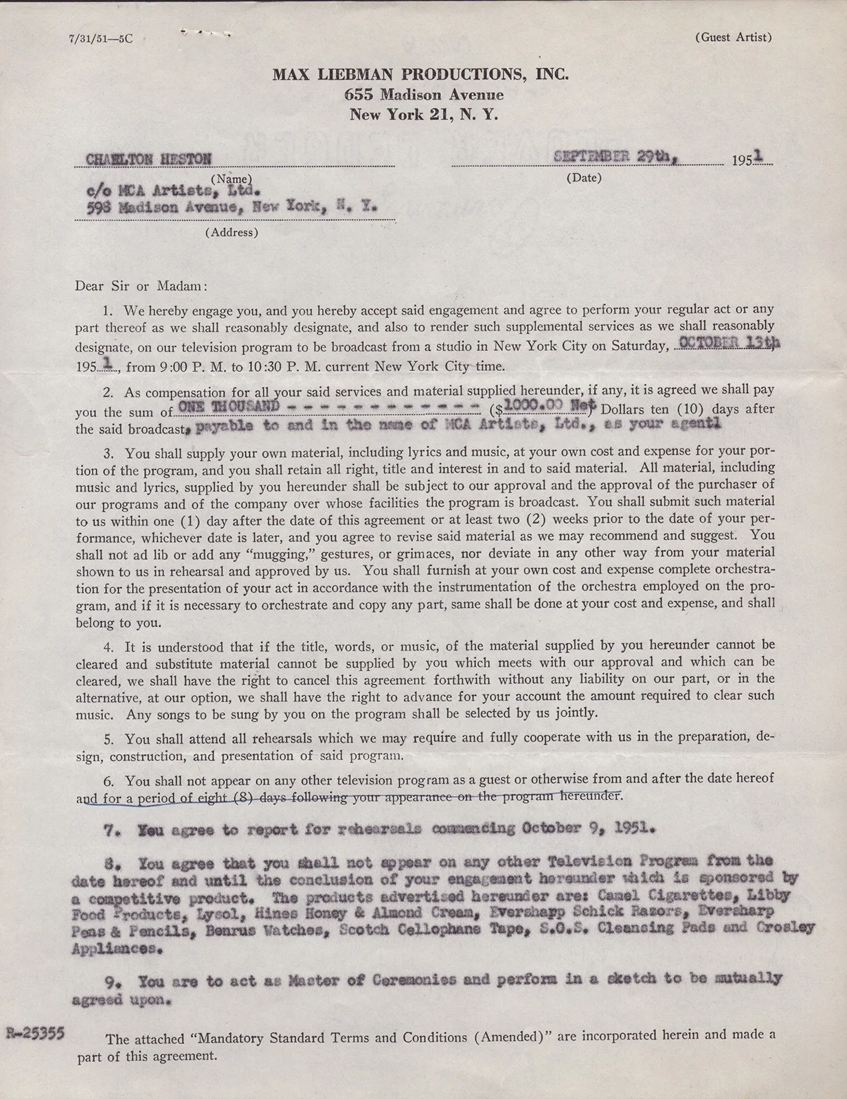 Charlton Heston, Max Liebman — CHARLTON HESTON - CONTRACT SIGNED 09/29/1951 CO-SIGNED BY: MAX LIEBMAN, image 4