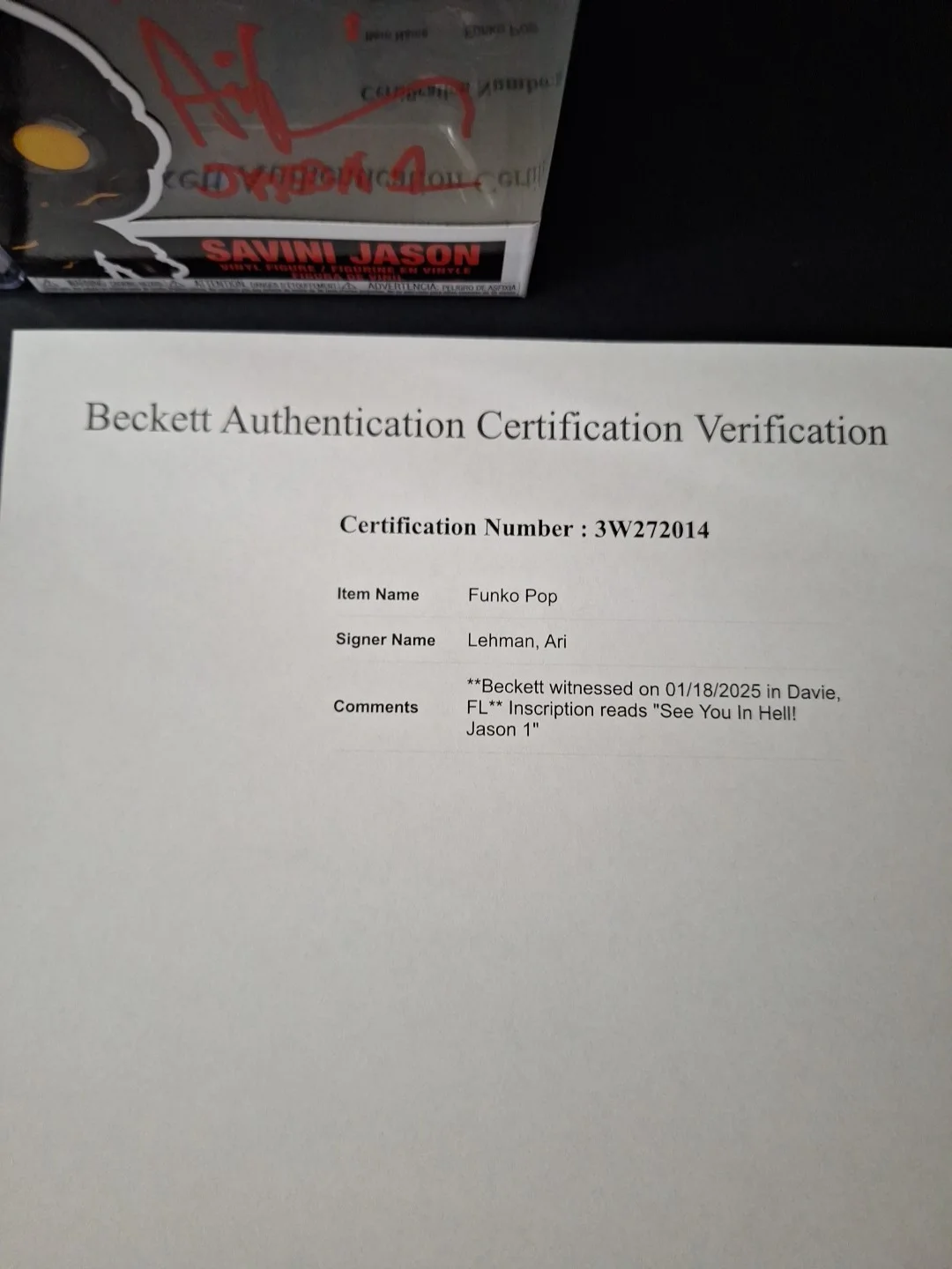 ARI LEHMAN — ARI LEHMAN SIGNED INSCRIBED FUNKO POP #1160 FRIDAY THE 13th THE GAME BECKETT-COA, image 4