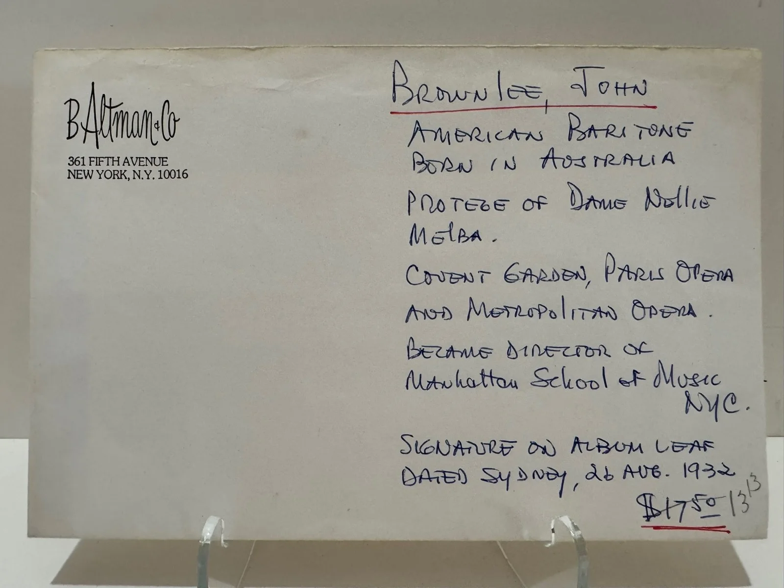 John Brownlee Signed Card with B Altman Envelope 1932 Opera Baritone, image 2