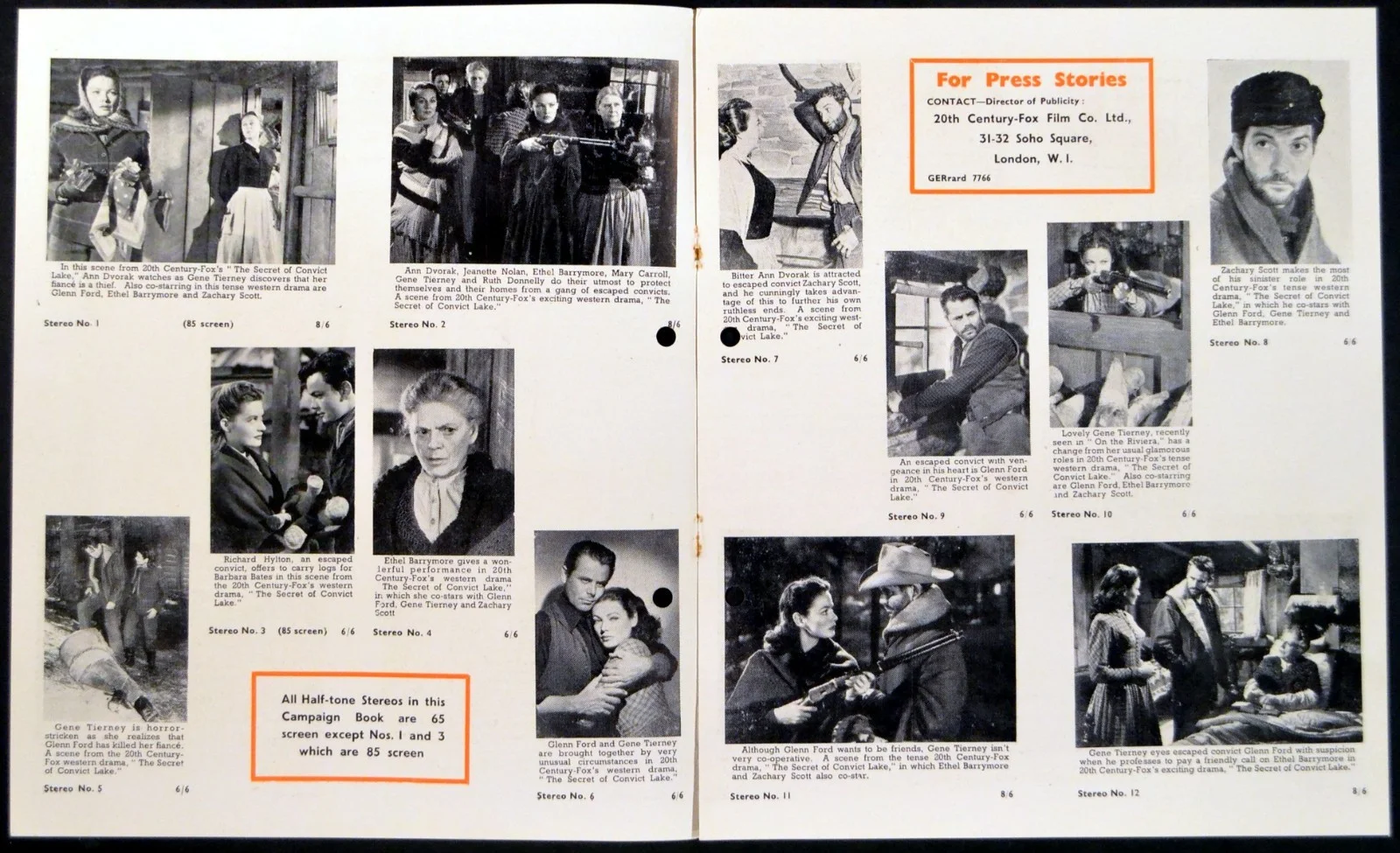SECRET OF CONVICT LAKE 1951 Glenn Ford Gene Tierney Ethel Barrymore UK PRESSBOOK, изображение 2
