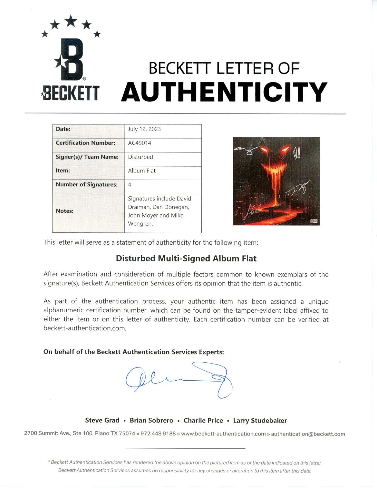 Disturbed Band Signed Divisive Album Flat + Vinyl LP Beckett BAS COA Rock Record, изображение 3