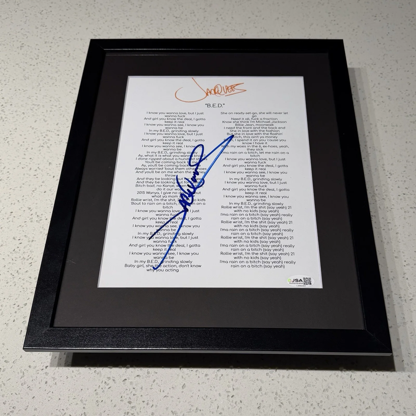 JACQUEES SINGER SIGNED B.E.D. LYRIC SHEET AUTOGRAPH FRAMED JSA COA, image 2