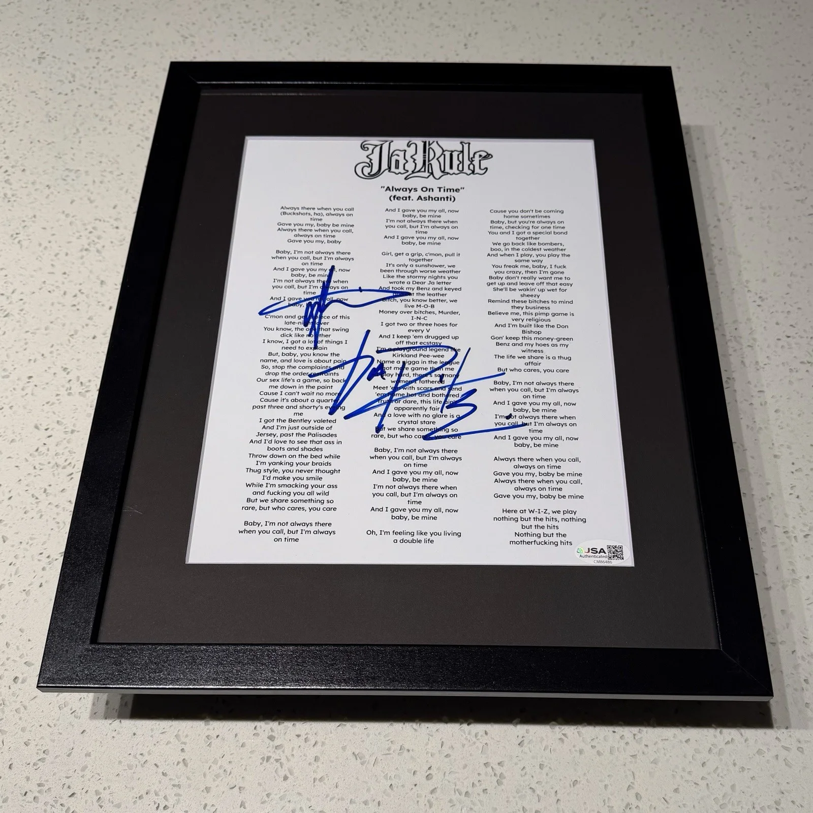 JA RULE RAPPER SIGNED ON TIME ASHANTI LYRIC SHEET FRAMED AUTOGRAPH JSA COA, image 2