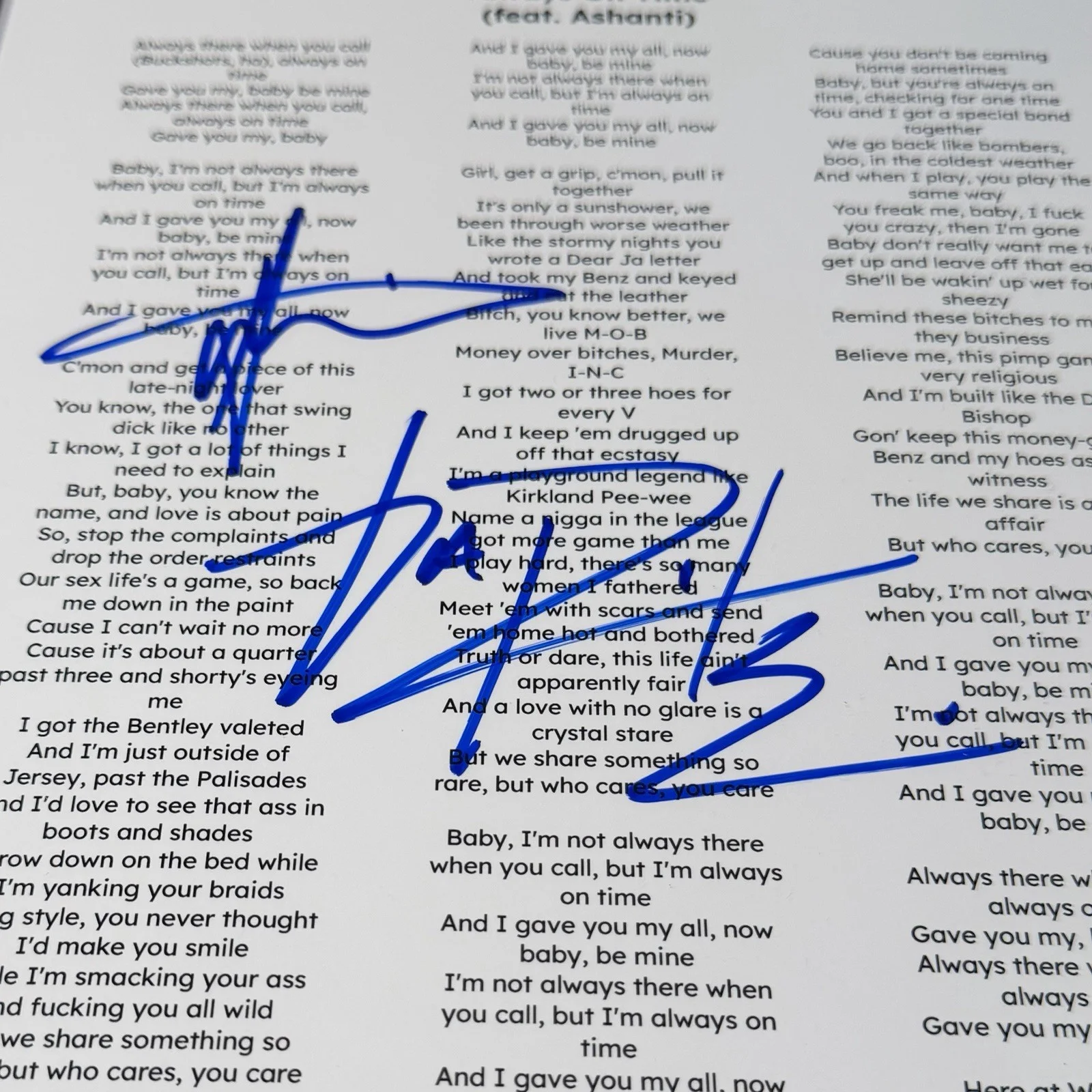 JA RULE RAPPER SIGNED ON TIME ASHANTI LYRIC SHEET FRAMED AUTOGRAPH JSA COA, image 3