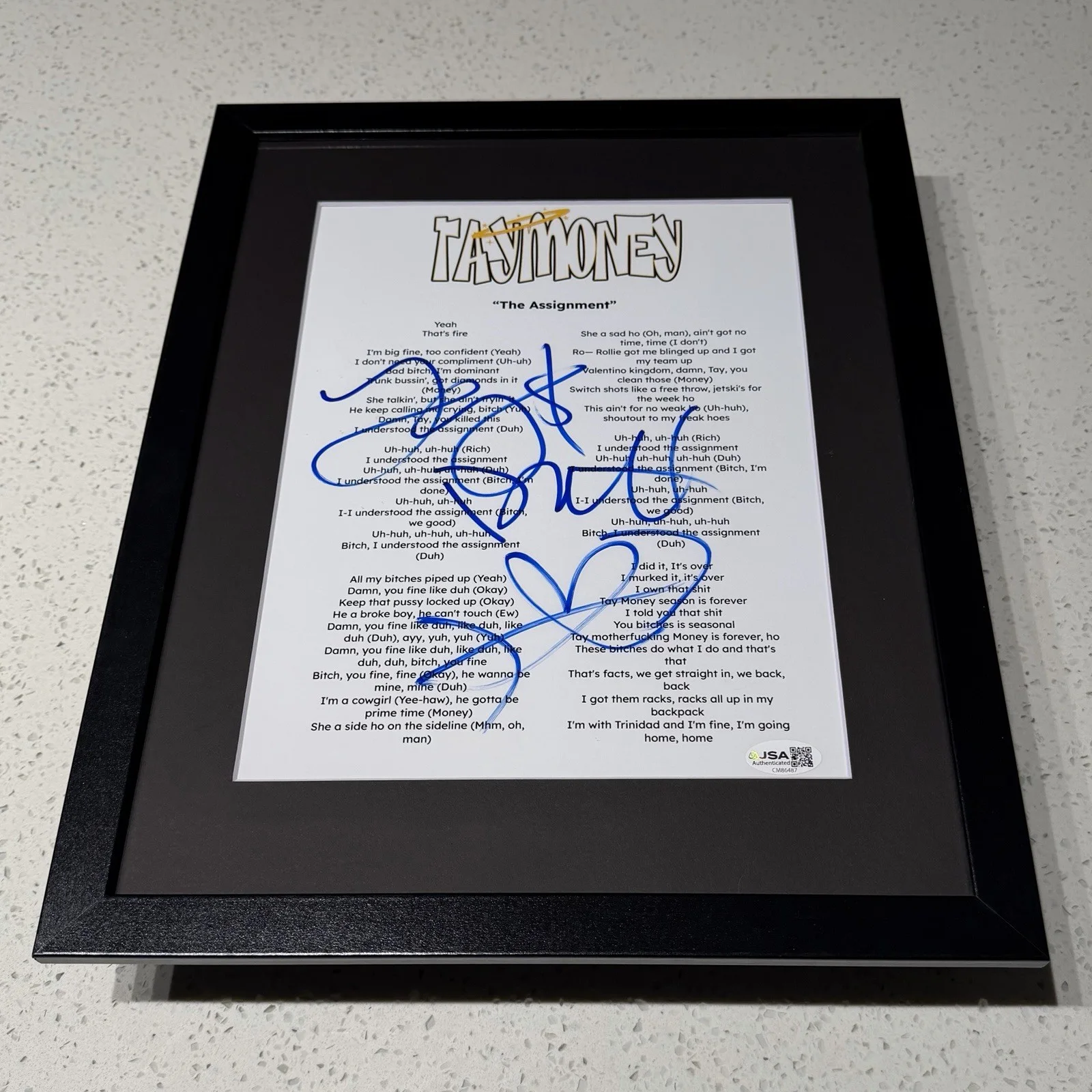 TAY MONEY RAPPER SIGNED ASSIGNMENT LYRIC SHEET FRAMED AUTOGRAPH JSA COA, image 2