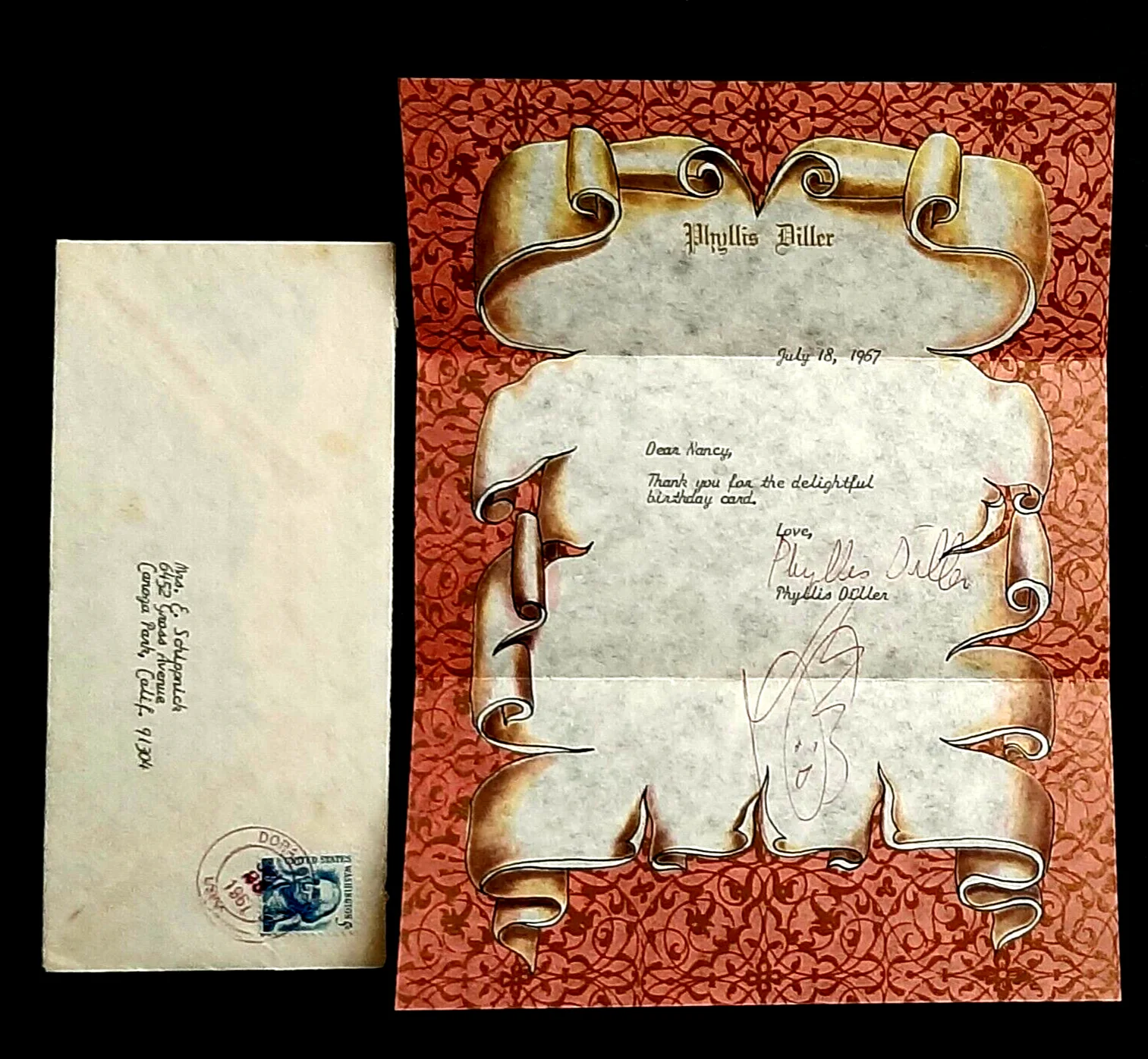 Phyllis Diller — 1967 Comedian Actress Phyllis Diller Letter Personal Stationary Signed w/Drawing, image 2