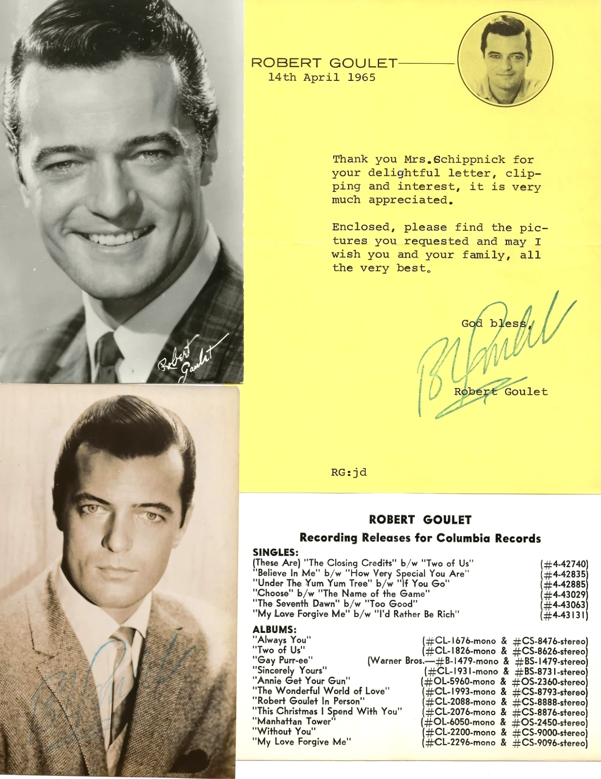 Robert Goulet — 1965 Robert Goulet Fan Club Portrait Letterhead Note & Photos Lot