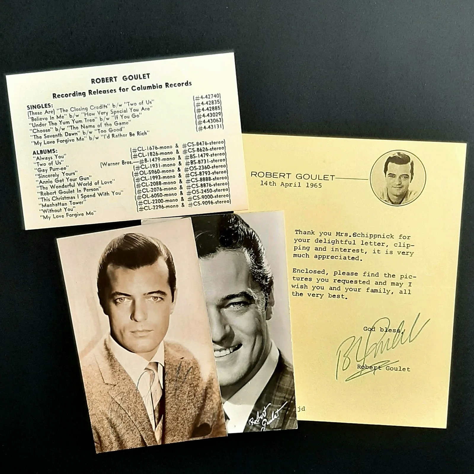 Robert Goulet — 1965 Robert Goulet Fan Club Portrait Letterhead Note & Photos Lot, изображение 2
