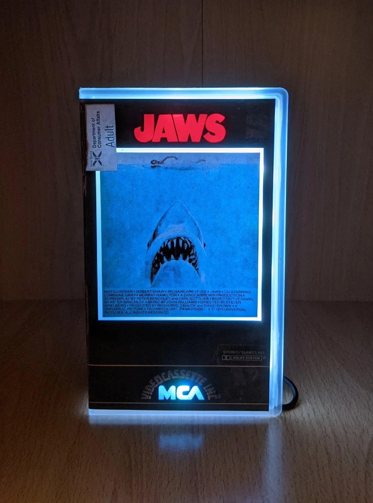 Jaws 1975 upcycled VHS case display light, image 2