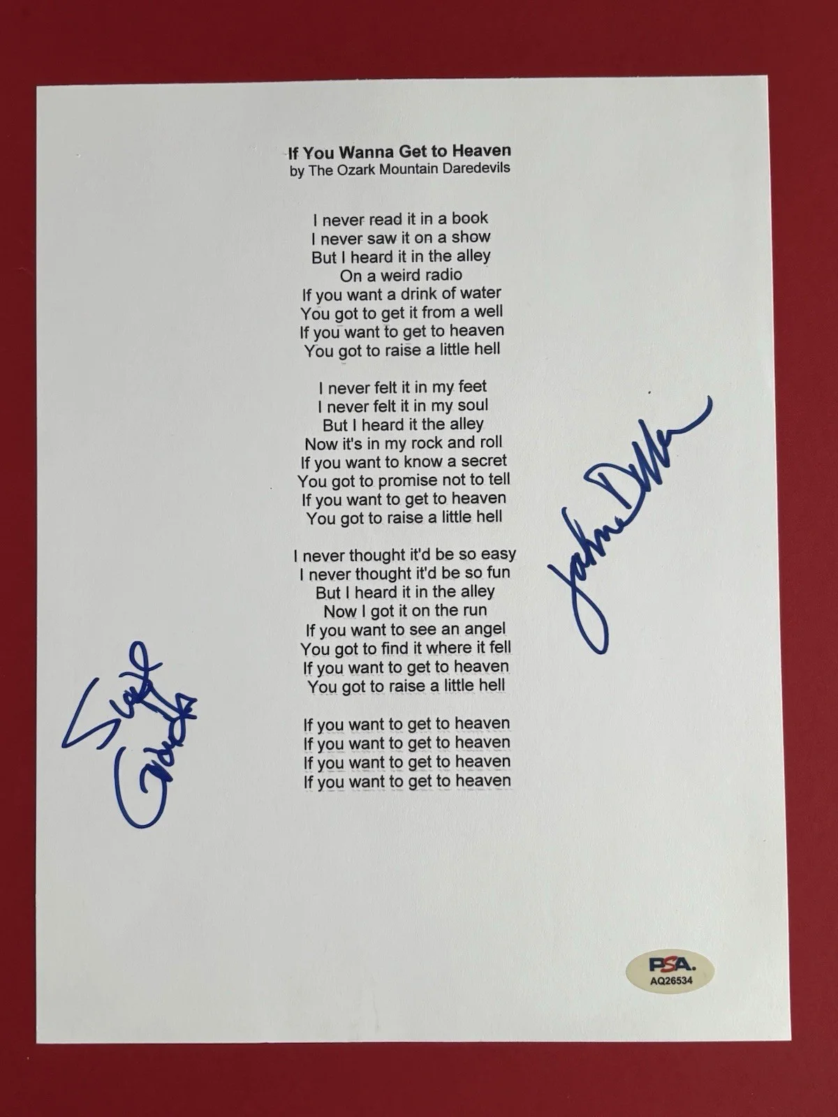 THE OZARK MOUNTAIN DAREDEVILS Signed WANNA GET TO HEAVEN Lyric Sheet PSA DNA COA, изображение 2
