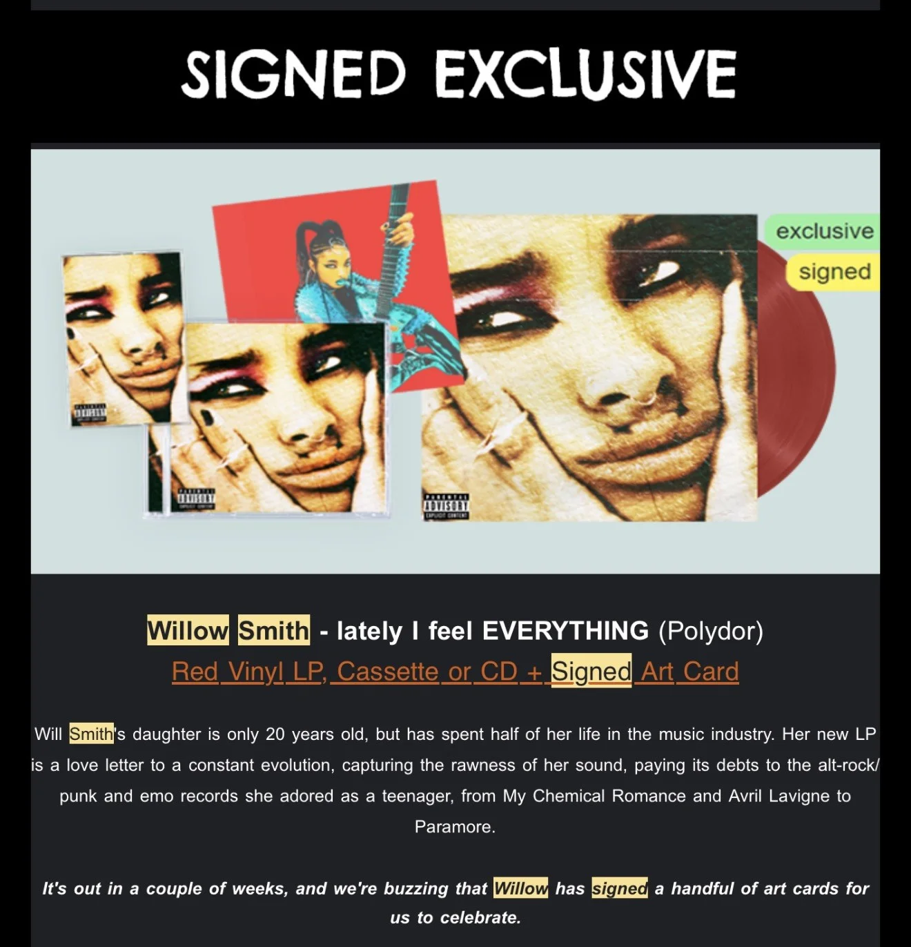 Willow Smith Lately I Feel Everything Signed uk Exclusive Art Card Cd Poster, image 5