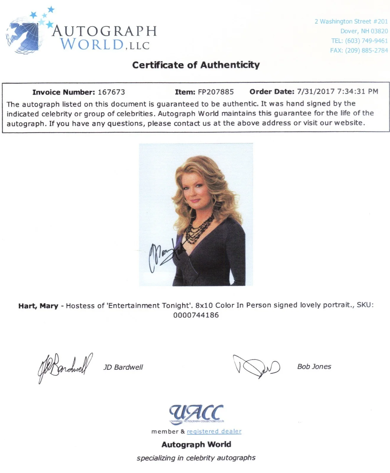 Mary Hart — AUTOGRAPHED 8X10 SIGNED BY MARYHART, HOSTED ENTERTAINMENT TONIGHT UACC COA, image 2
