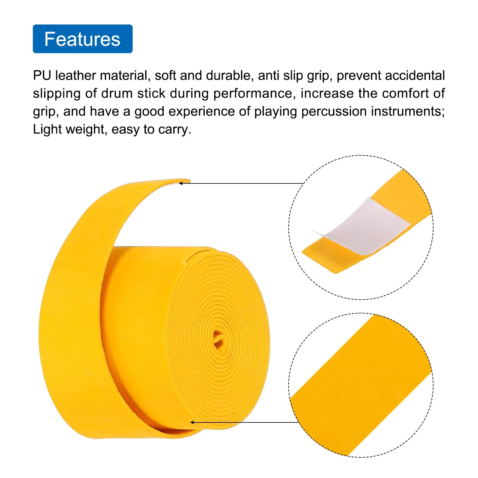 5pcs Drum Stick Tape Drumstick Grips Anti Slip 1" Width 43" Yellow, изображение 4