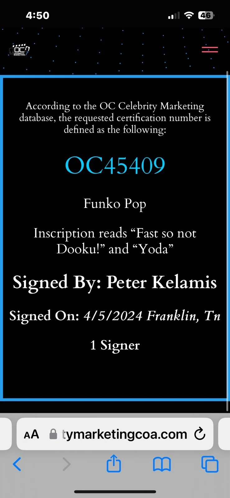 Peter Kelamis — Yoda Star Wars Peter Kelamis Signed Funko 269 Beckett & OC Cert W/ Inscription, изображение 4