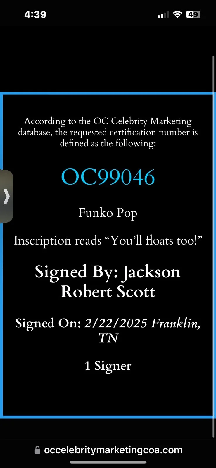 Jackson Robert Scott — Signed Jackson Robert Scott Autographed IT Georgie Denbrough Funko 536 OC Green, изображение 5