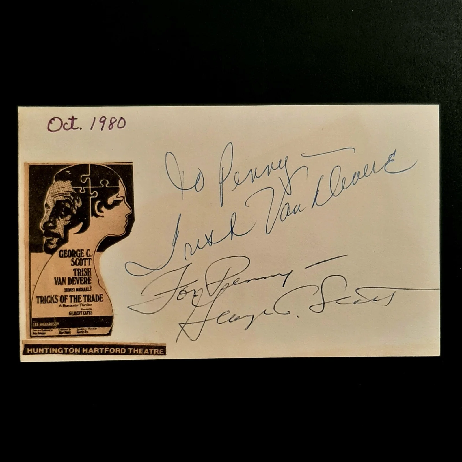 George C. Scott/Trish Van Devere — Actors George C. Scott & Wife Trish Van Devere 1980 Signed Autograph Index Card, изображение 3