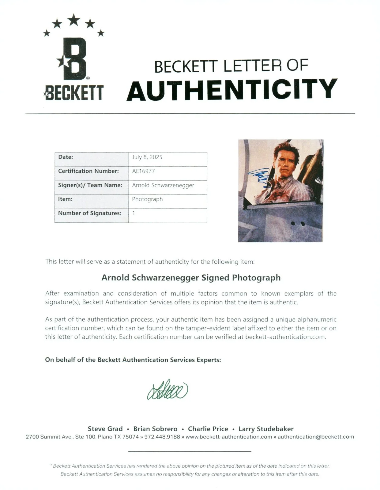 Arnold Schwarzenegger — Arnold Schwarzenegger Signed BAS LOA COA Autographed 8X10 True Lies Photo Auto, изображение 3