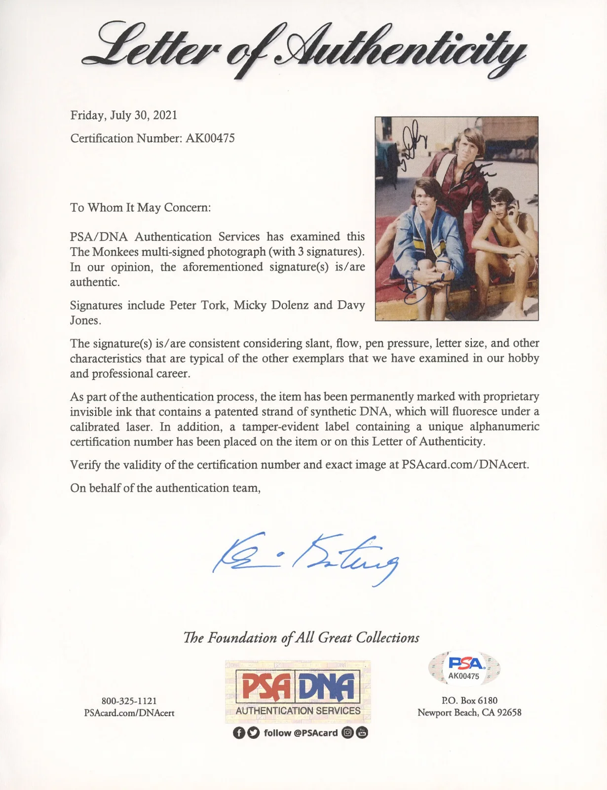 Davy Jones, Peter Tork, Micky Dolenz — Davy Jones Peter Tork & Micky Dolenz Signed PSA/DNA LOA Autographed 8X10 Photo, изображение 3