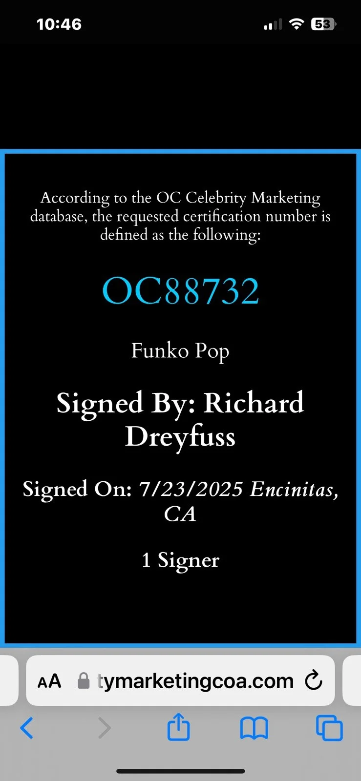Richard Dreyfuss — Richard Dreyfuss Signed Matt Hooper Funko Pop 1756 Jaws Autograph Beckett OC COA, изображение 5