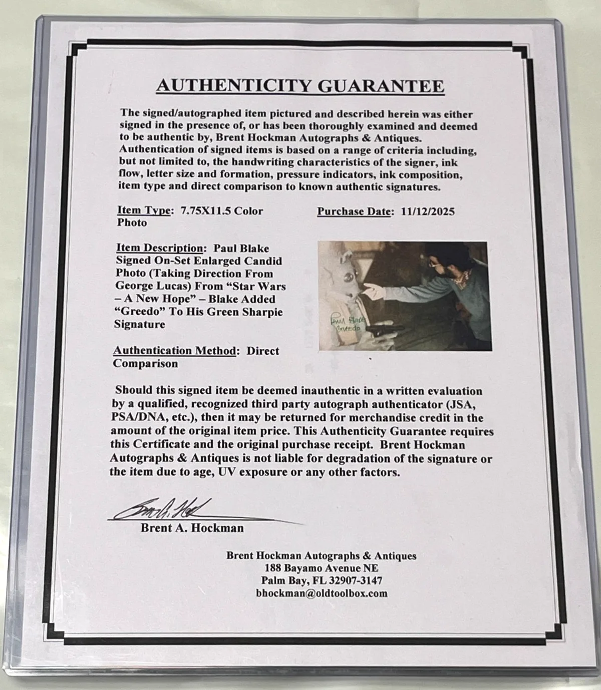 PAUL BLAKE — STAR WARS PAUL BLAKE "GREEDO" 7.5 X 11 SIGNED PHOTO W/COA, image 2