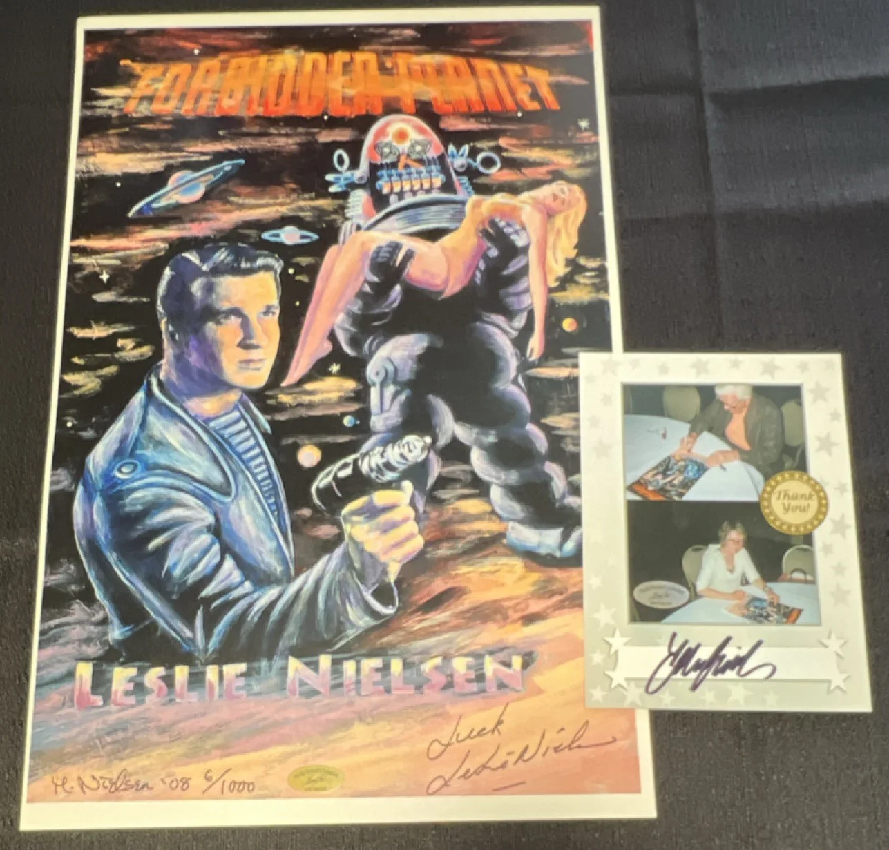 Leslie Nielsen — Leslie Nielsen 2 autographed Forbidden Planet signed lithograph 11x15 with COA