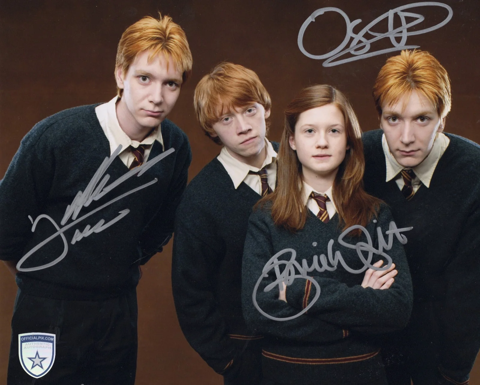 James Phelps, Oliver Phelps & Bonnie Wright — Signed Phelps Twins & Wright Harry Potter Deathly Hallows 8x10 Official Pix COA
