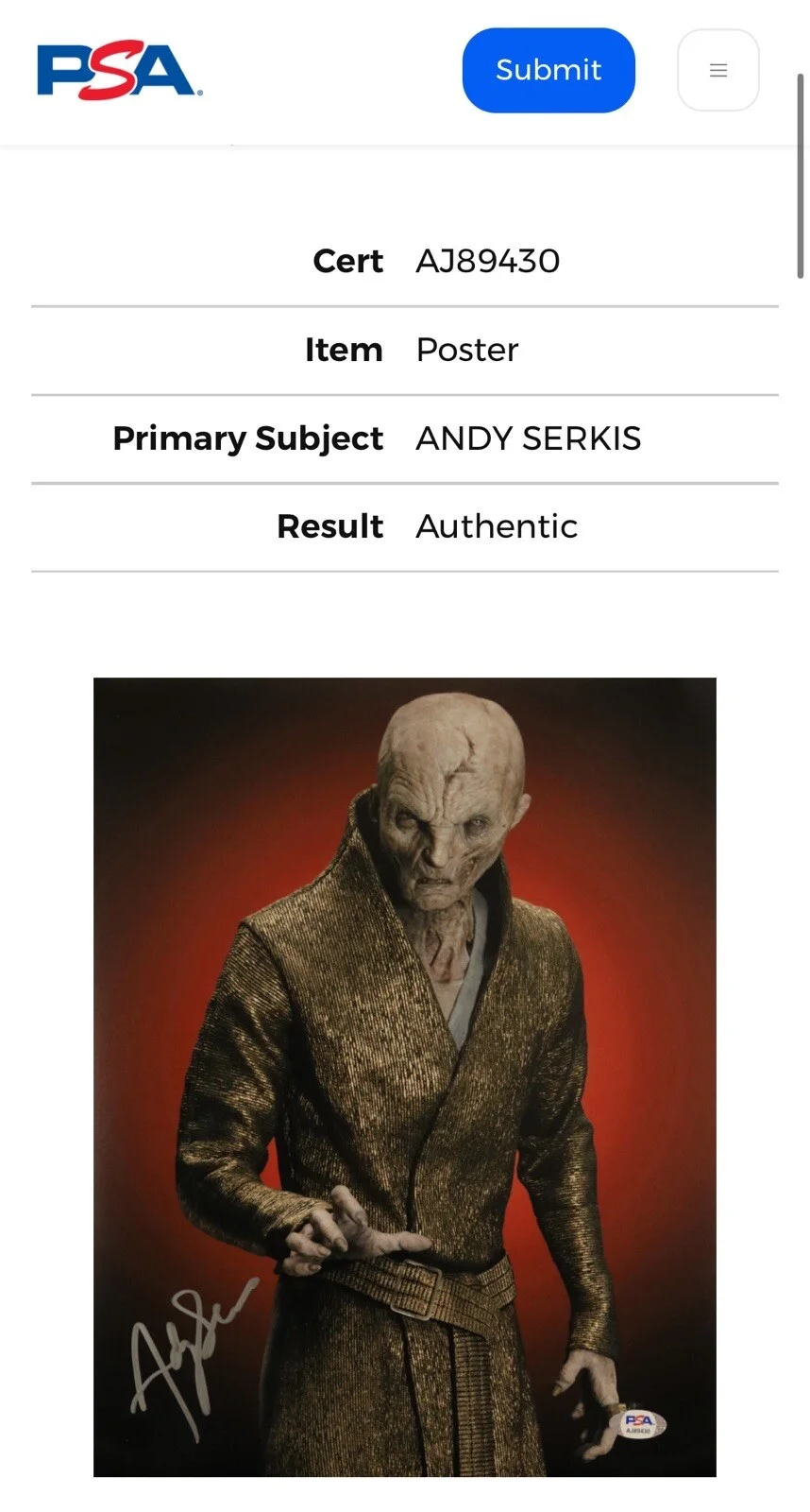 Andy Serkis — ANDY SERKIS SIGNED 11x14 PHOTO SNOKE STAR WARS THE LAST JEDI PSA /DNA, image 3