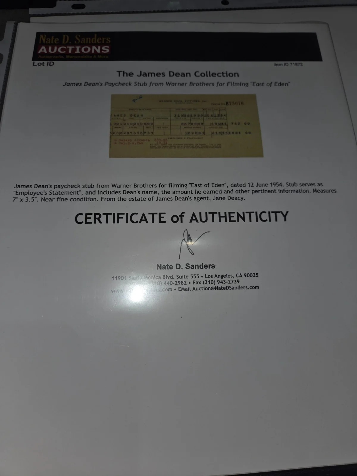 James Dean's Paycheck Stub from East of Eden Agent Jane Daecy from N. Sanders, изображение 2