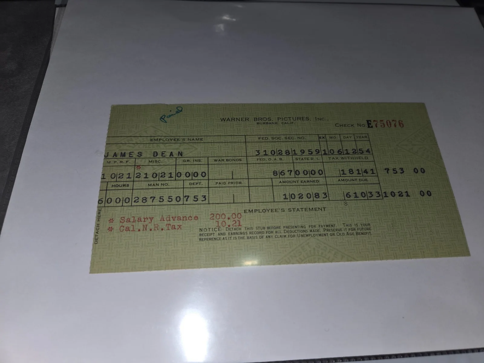 James Dean's Paycheck Stub from East of Eden Agent Jane Daecy from N. Sanders, изображение 4